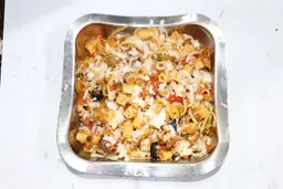 Pasta with Minced Chicken, Vegetables, and Olive Slices