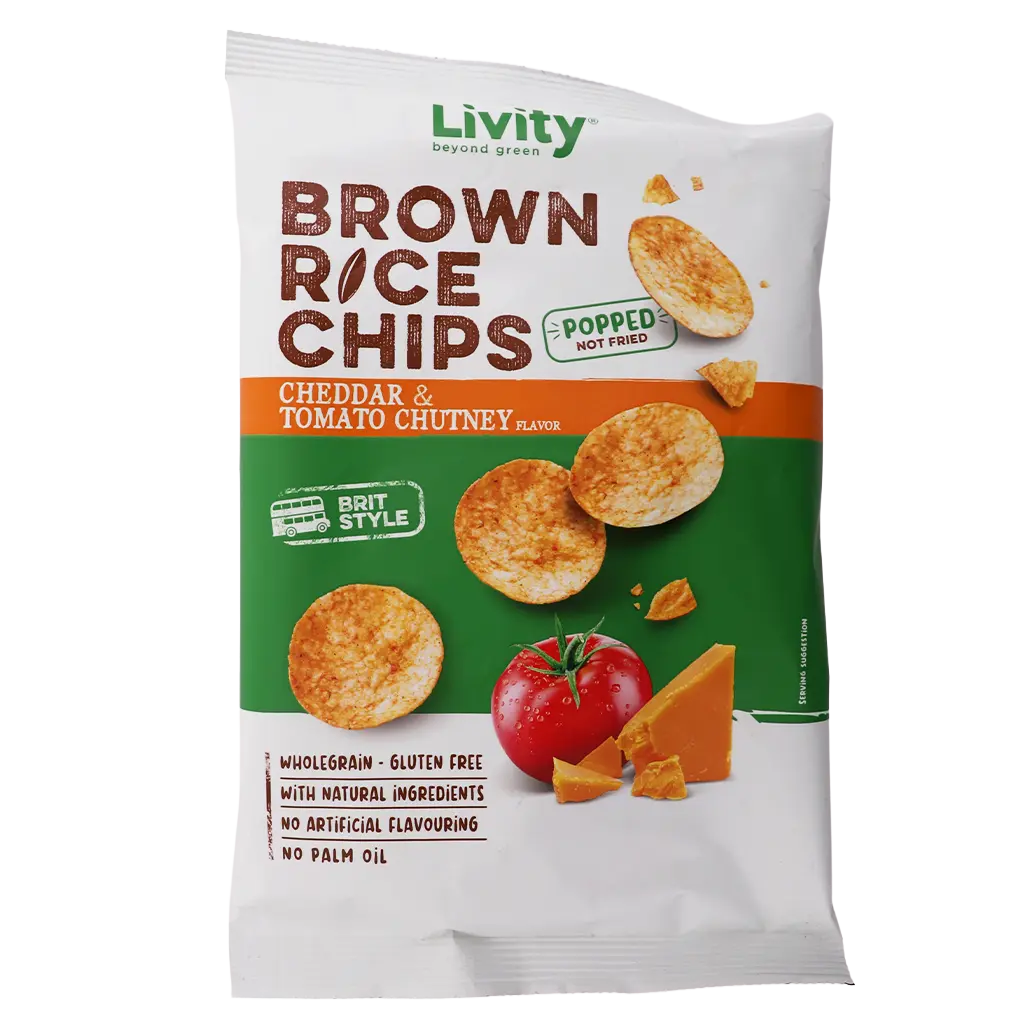 Livity Wholegrain Brown Rice Chips Livity Brit Style Cheddar And Tomato Chutney 60 gm - view 1