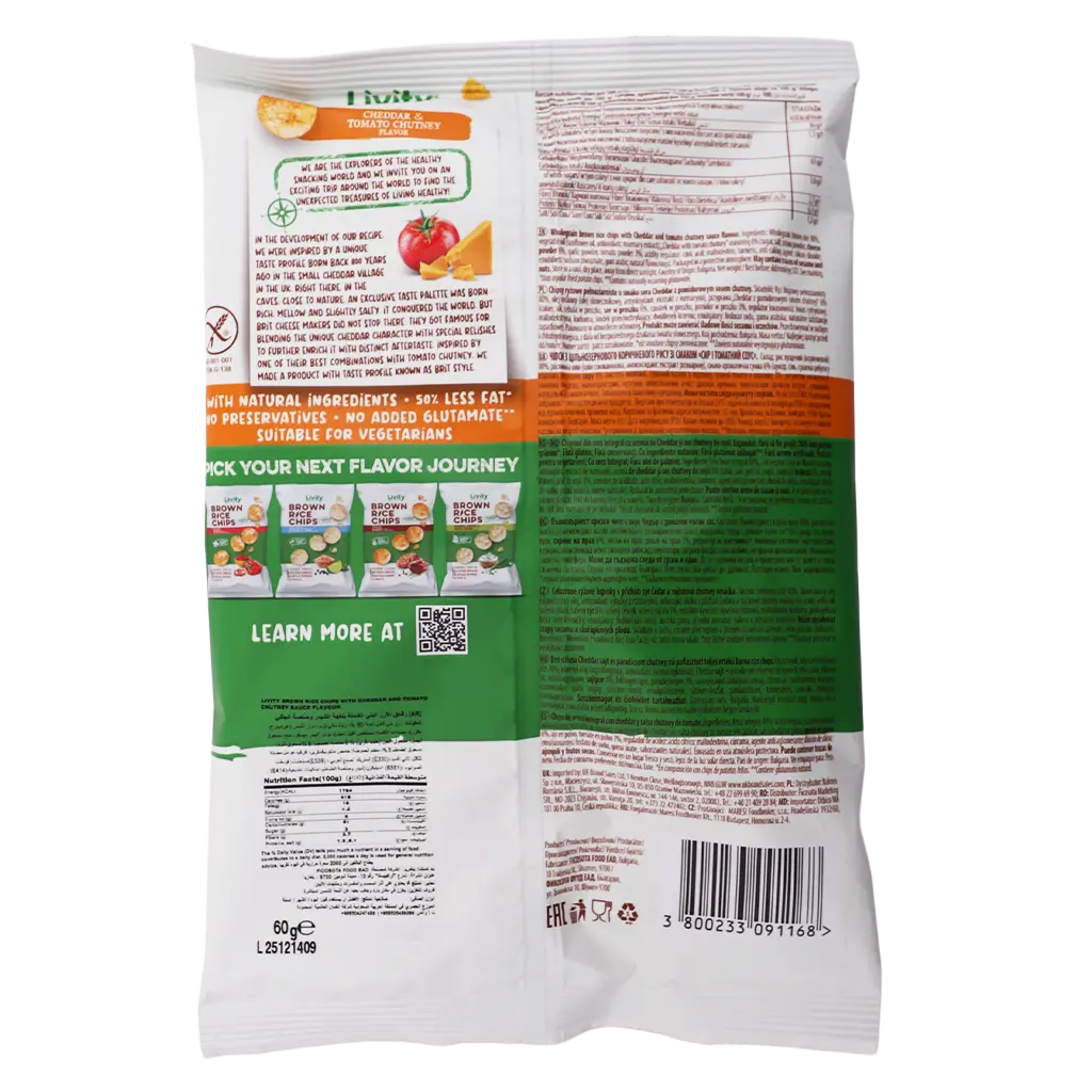 Livity Wholegrain Brown Rice Chips Livity Brit Style Cheddar And Tomato Chutney 60 gm - view 2