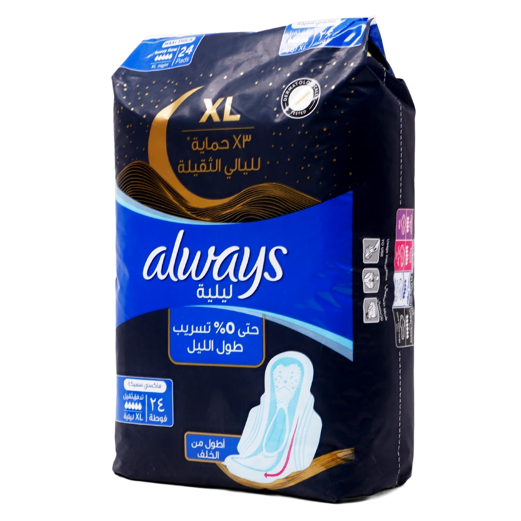 Always XL Night Pads 3x Protection for Heavy Nights Maxi Thick 24 Pads 