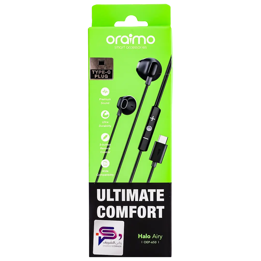 Oraimo Halo Airy Type-C Half In-Ear Wired Headphones  Black - view 3