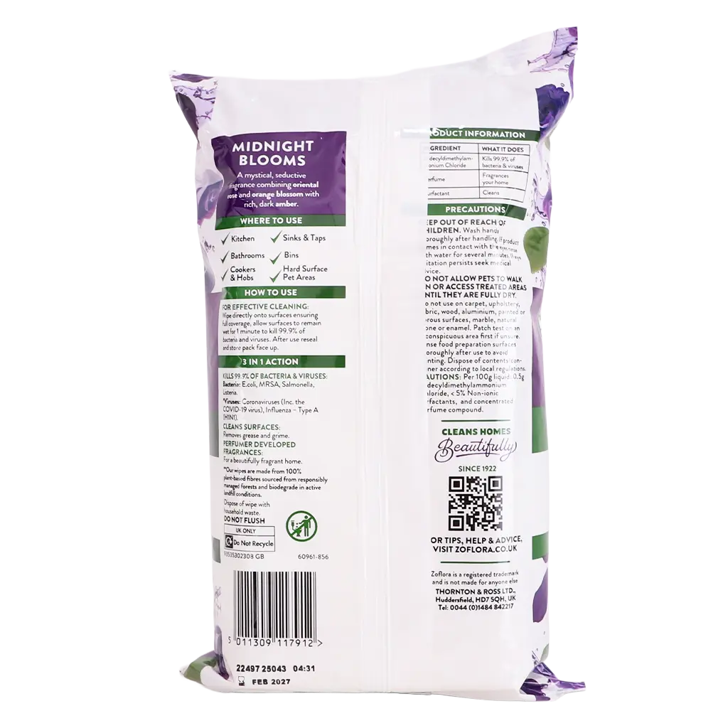 Zoflora  Wipes Antibacterial Multi-surface Cleaning Midnight Blooms Biodegradable Scent  96 Wipes - view 3