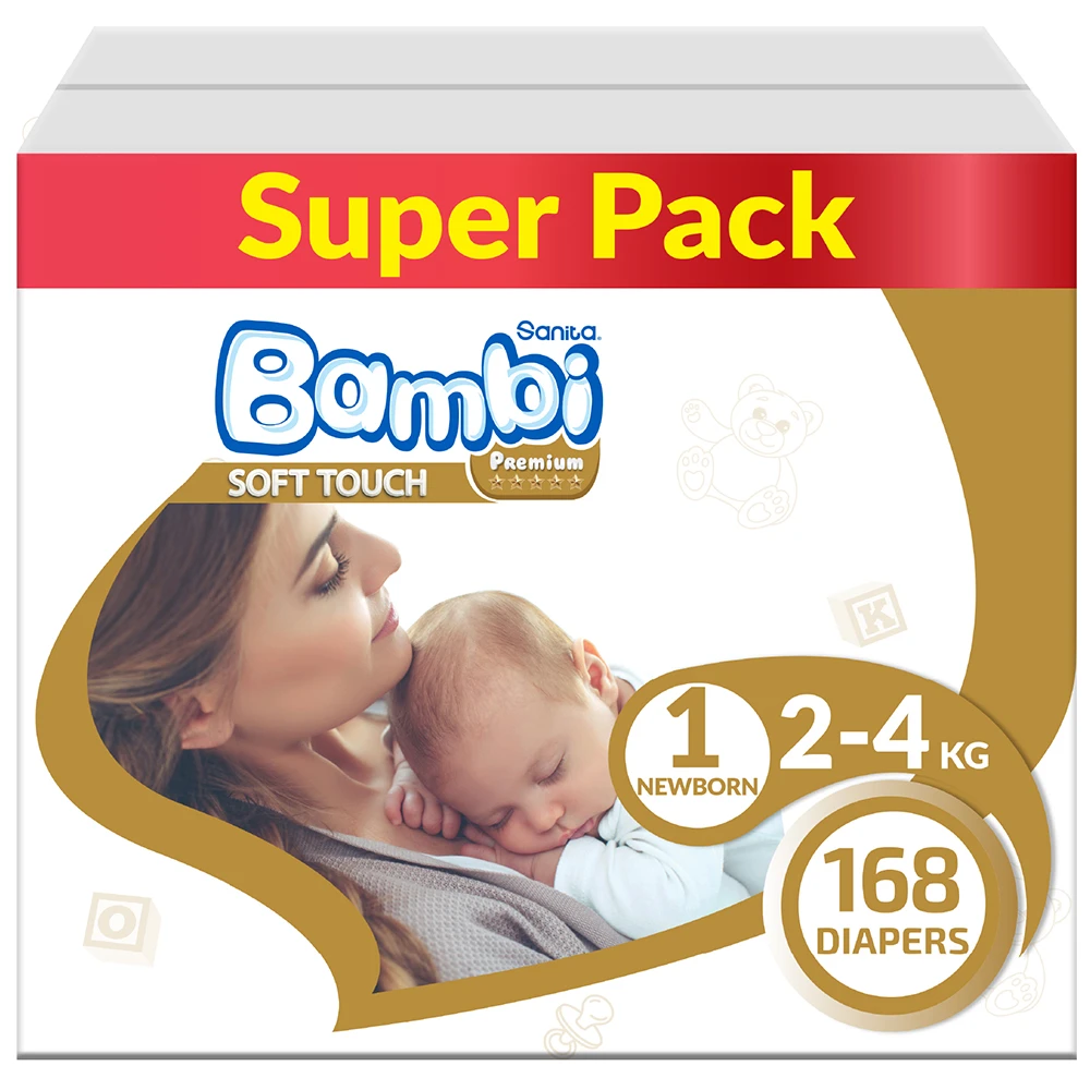 Sanita Bambi Baby Diapers Size 1 Newborn  Super Box 168 Diapers