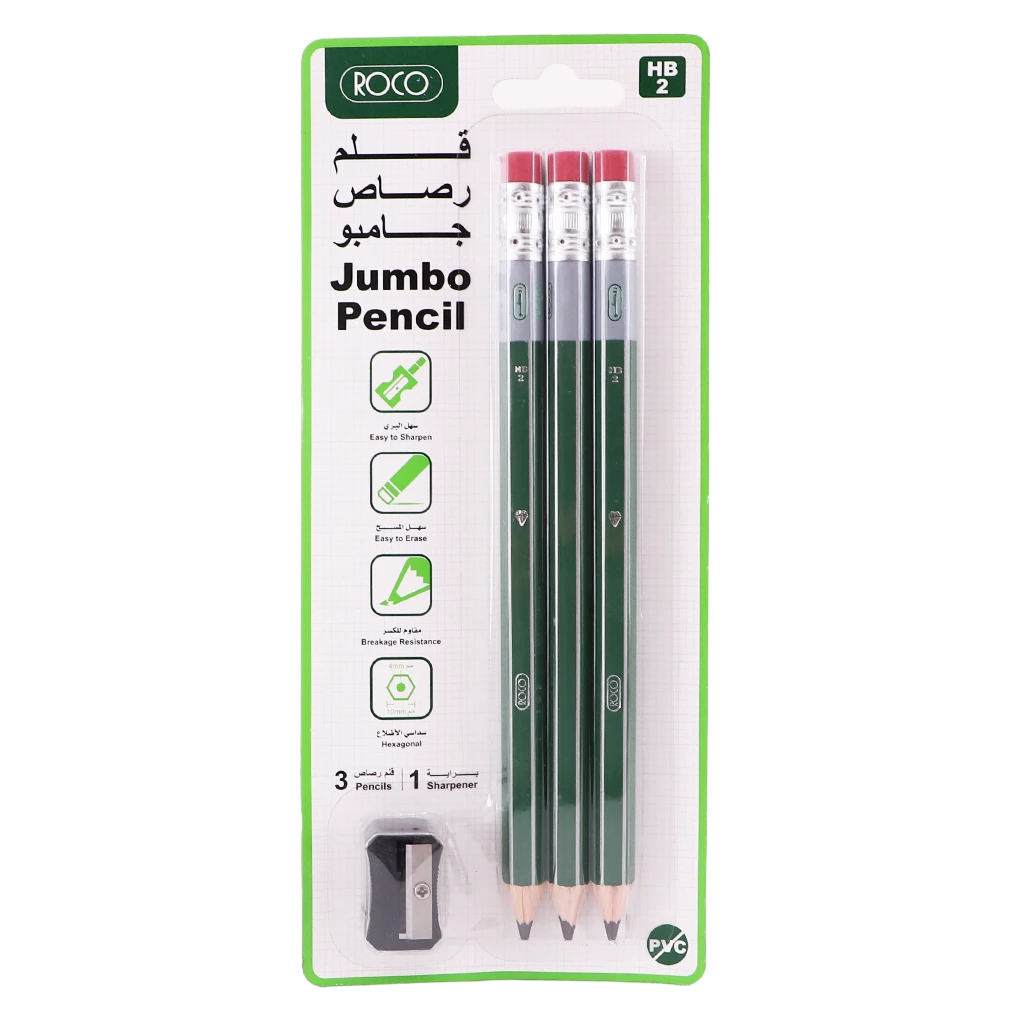 Roco Hexagonal Green Barrel With Eraser Pencil Set Jumbo Standard 4 Pieces