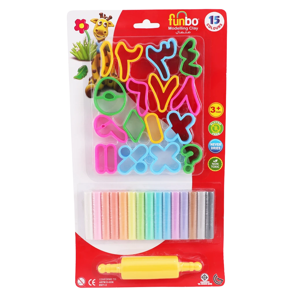 Funbo Clay 15 Pastel Colors 200 gm +16 Arabic Letters +1 Roll