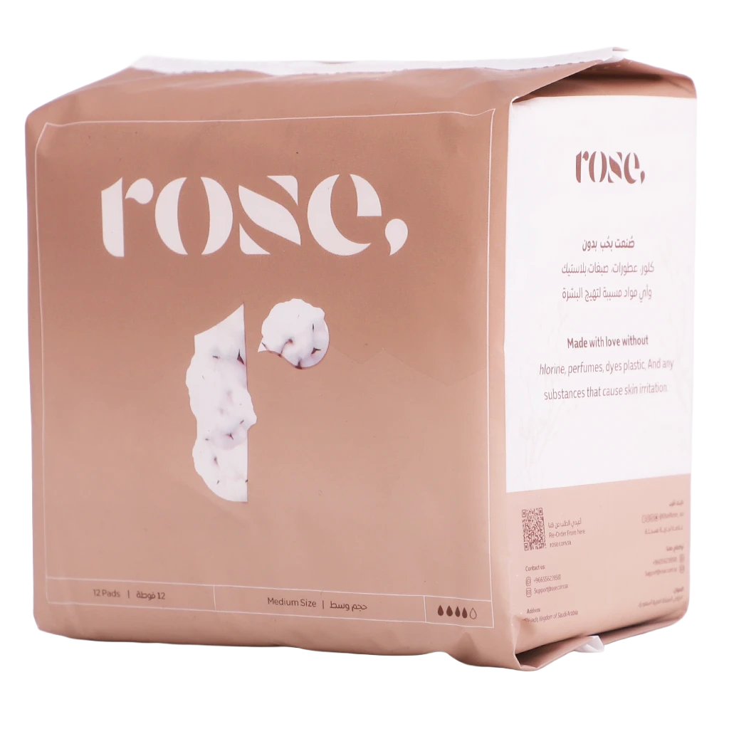 Rose Organic Medium Sanitary Pads Natural Cotton Superior Protection All Day 12 Pads