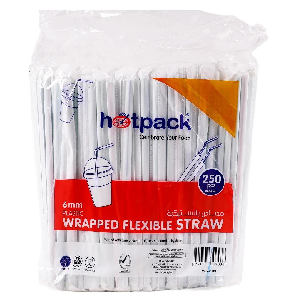 Hotpack Disposable Wrapped Plastic Drinking Straws 6Mm 250 pcs