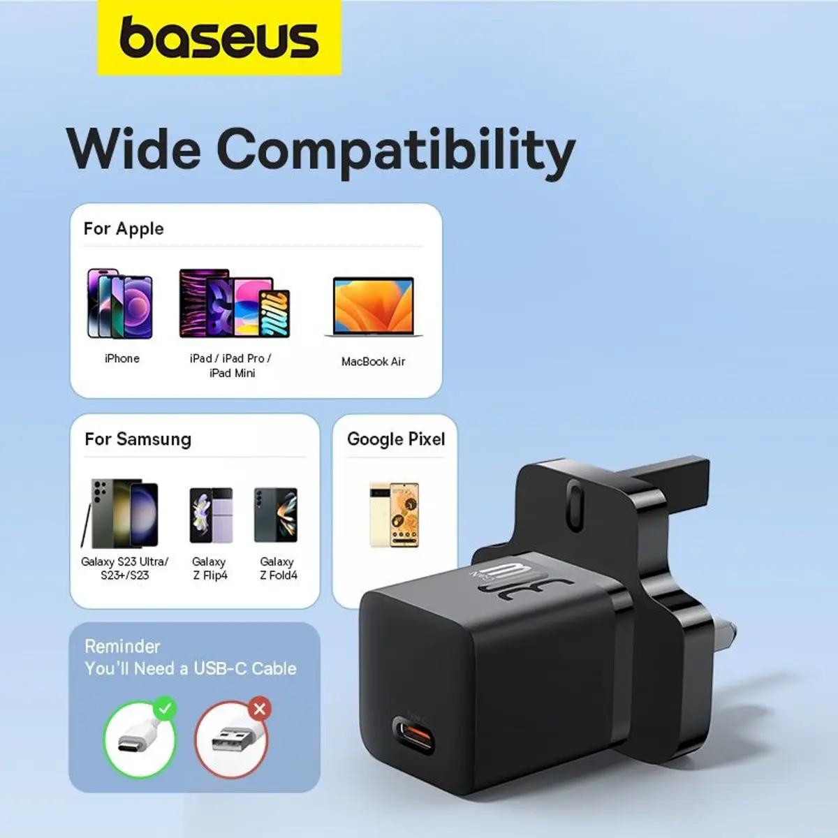  Baseus  GaN5 Fast Chargermini 1C 30W UK Cluster Black - view 7