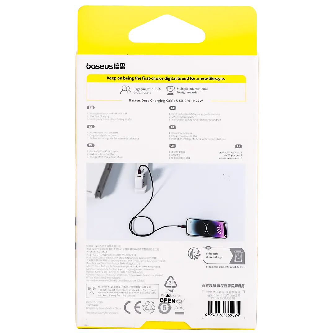 Baseus dura series fast charging cable type c to iphone 20w 1m grey black - view 4