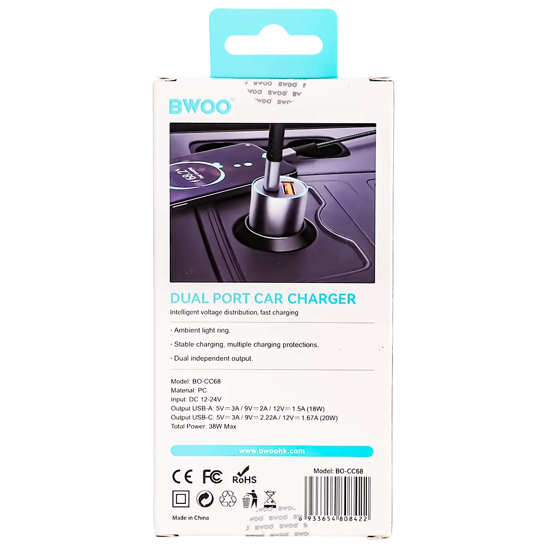 BWOO PD  Car Charger Fast Charging 2 Port  USB C 38W Black - view 4