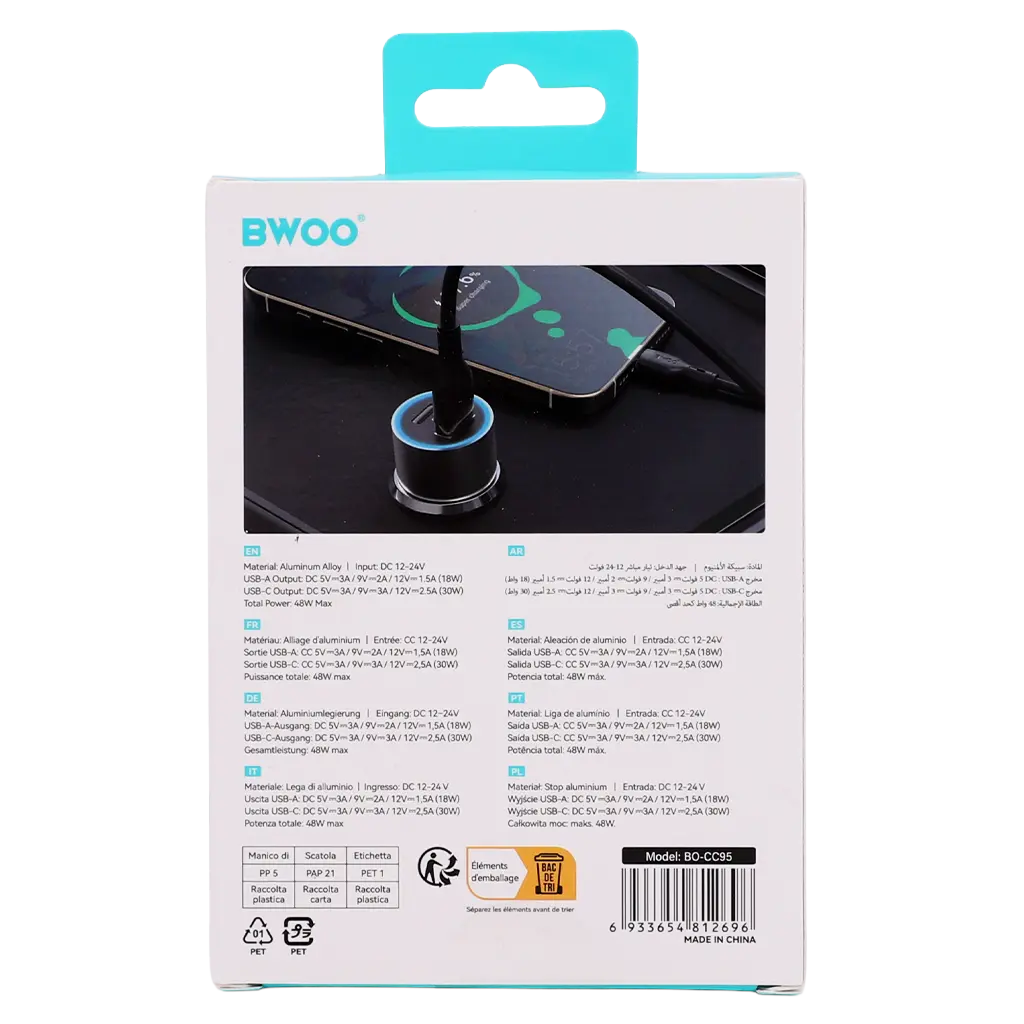 BWOO Car Charger Fast Charging PD Dual Port USB C 43 W Black - view 4