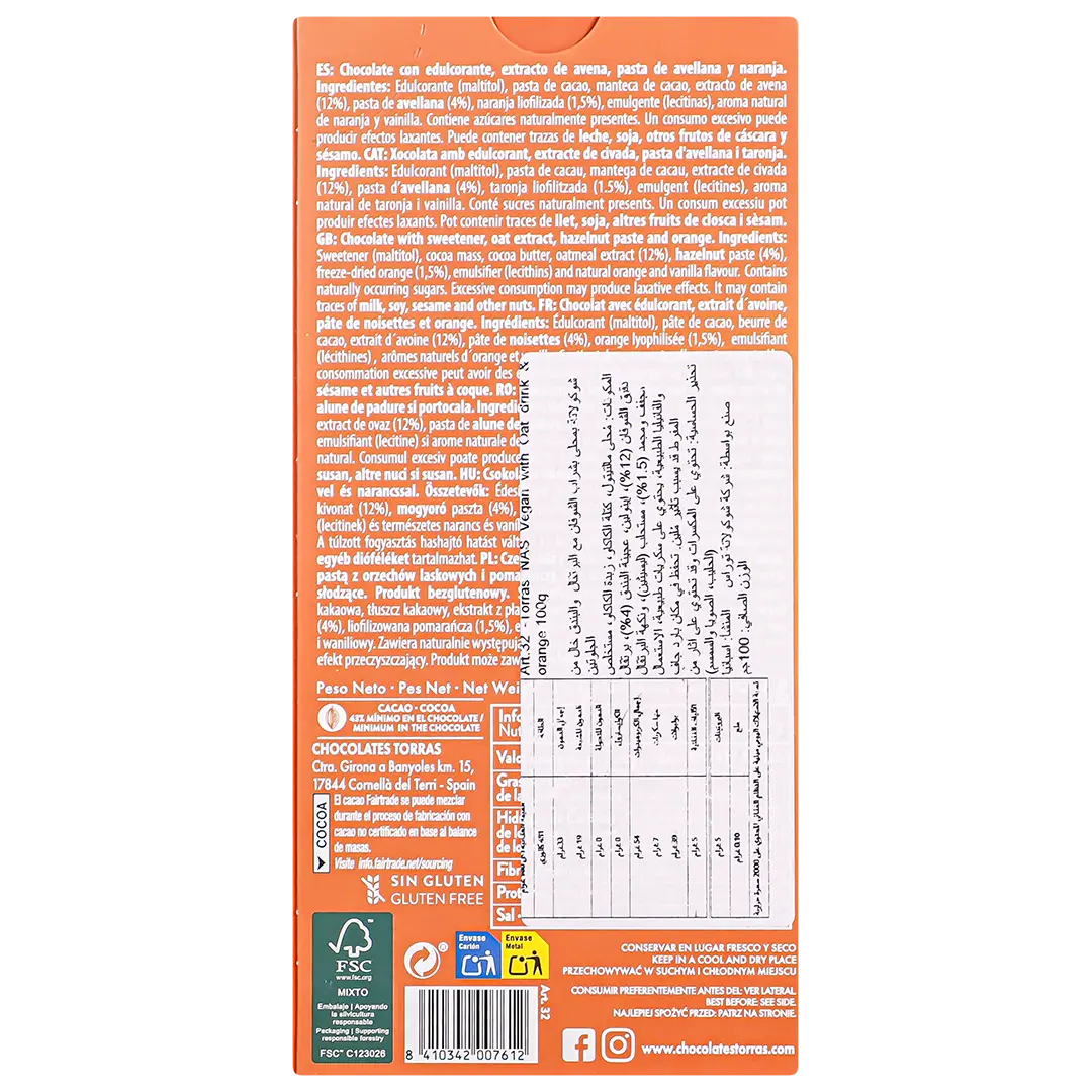Torras Plant-Based Chocolate with Oat & Orange Extract No Added Sugar 100 gm - view 2