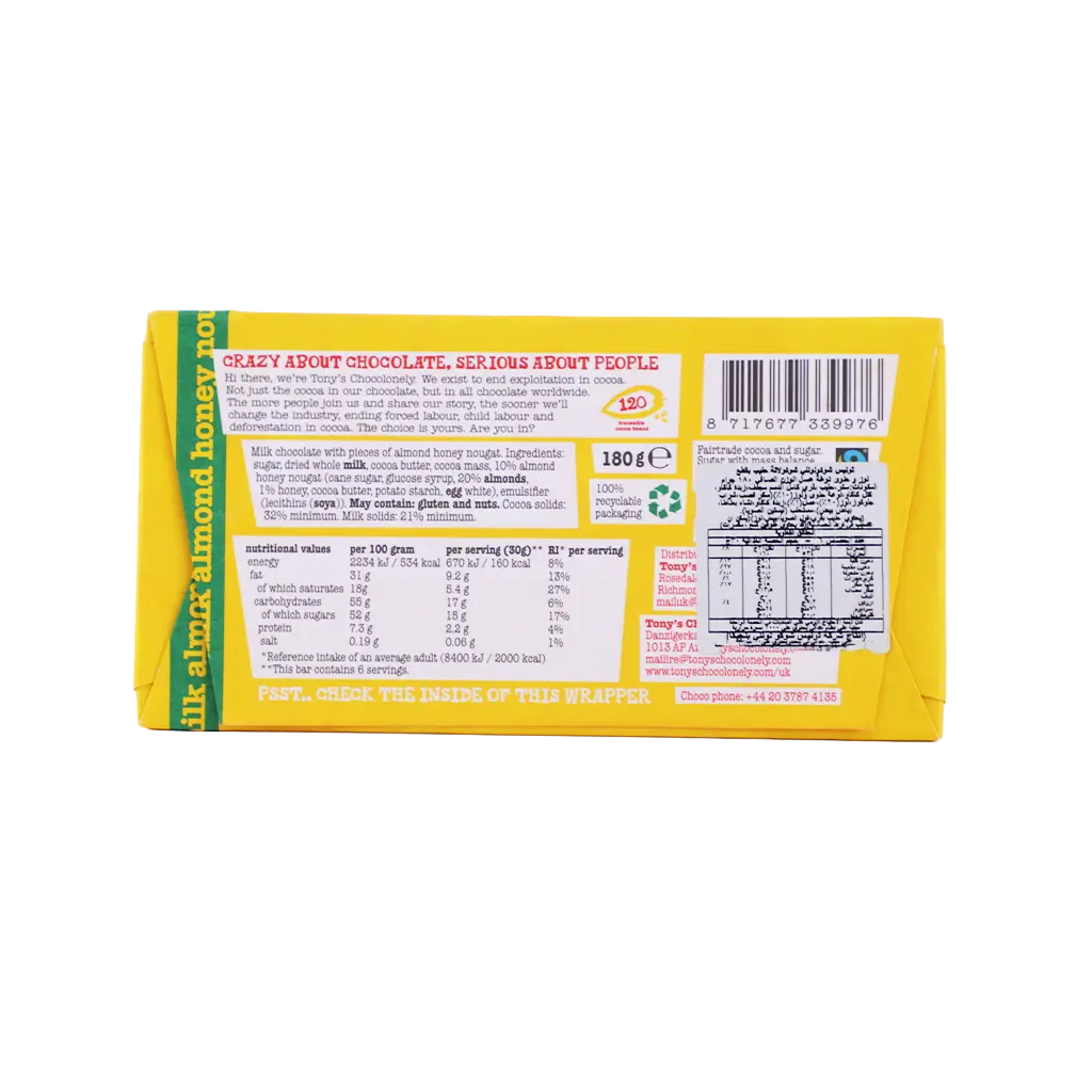 Tony's Chocolonely 32% Milk Chocolate and Nougat 180 gm - view 6