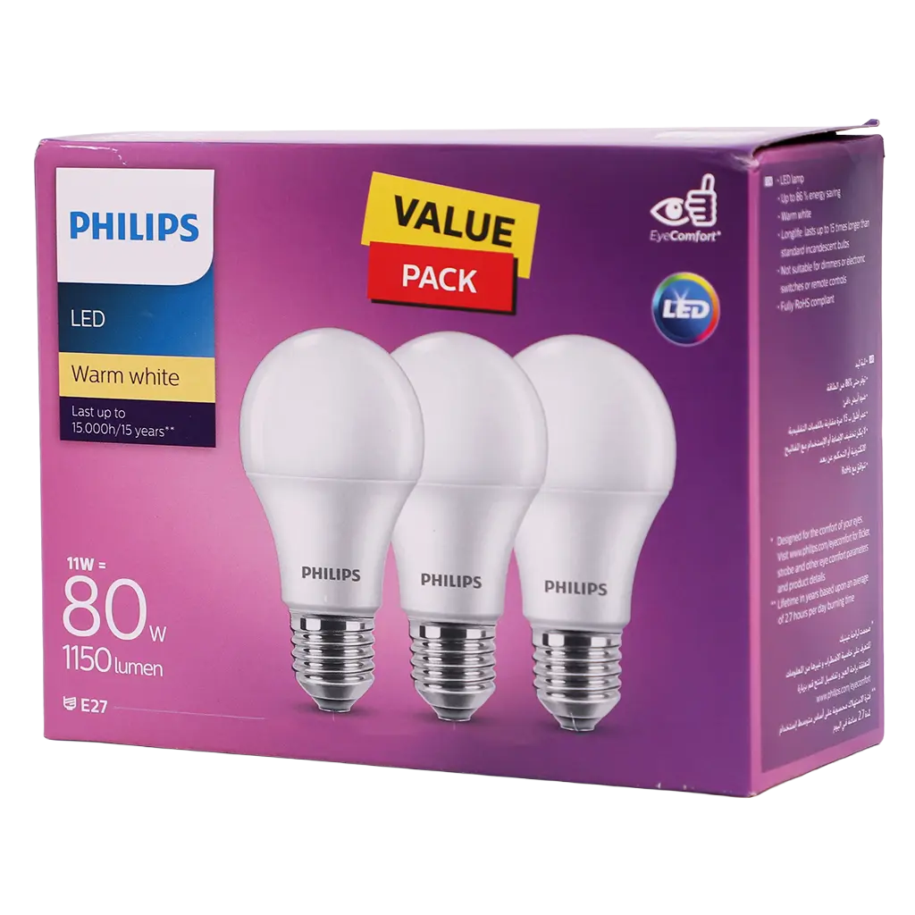 Philips Long Life LED Bulb In One Box 11W-E27-CCT 3000K-230V-3CT 3 pcs - view 1