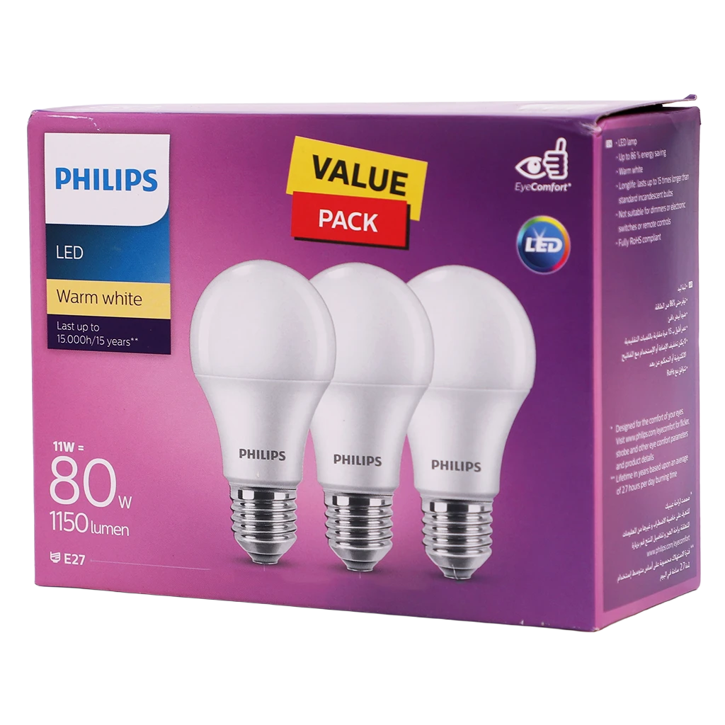 Philips Long Life LED Bulb In One Box 11W-E27-CCT 3000K-230V-3CT 3 pcs