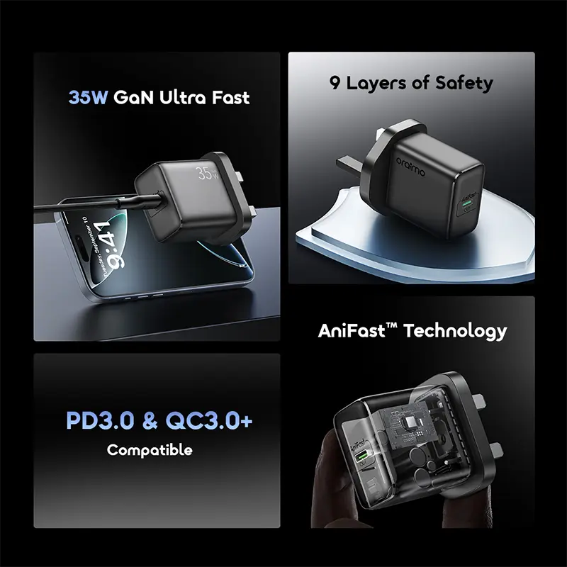 Oraimo Wall Charger USB C Port 35w WITH CABLE TYPE C to TYPE C BLACK - view 4