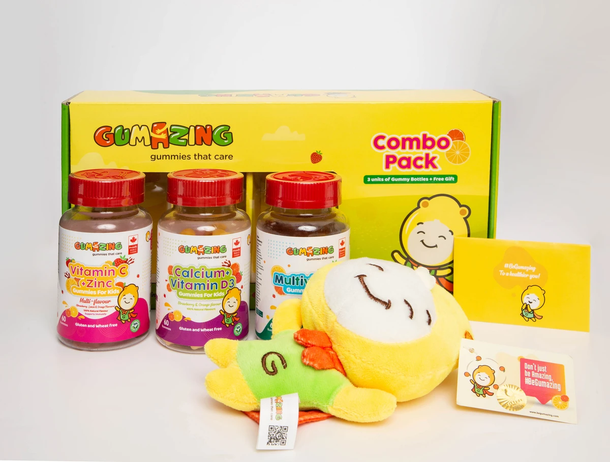 Gumazing  Veg Pack  Calcium and Vitamin D3 + Vitamin C and Zinc + Multivitamin with Plush Toy 180 pcs