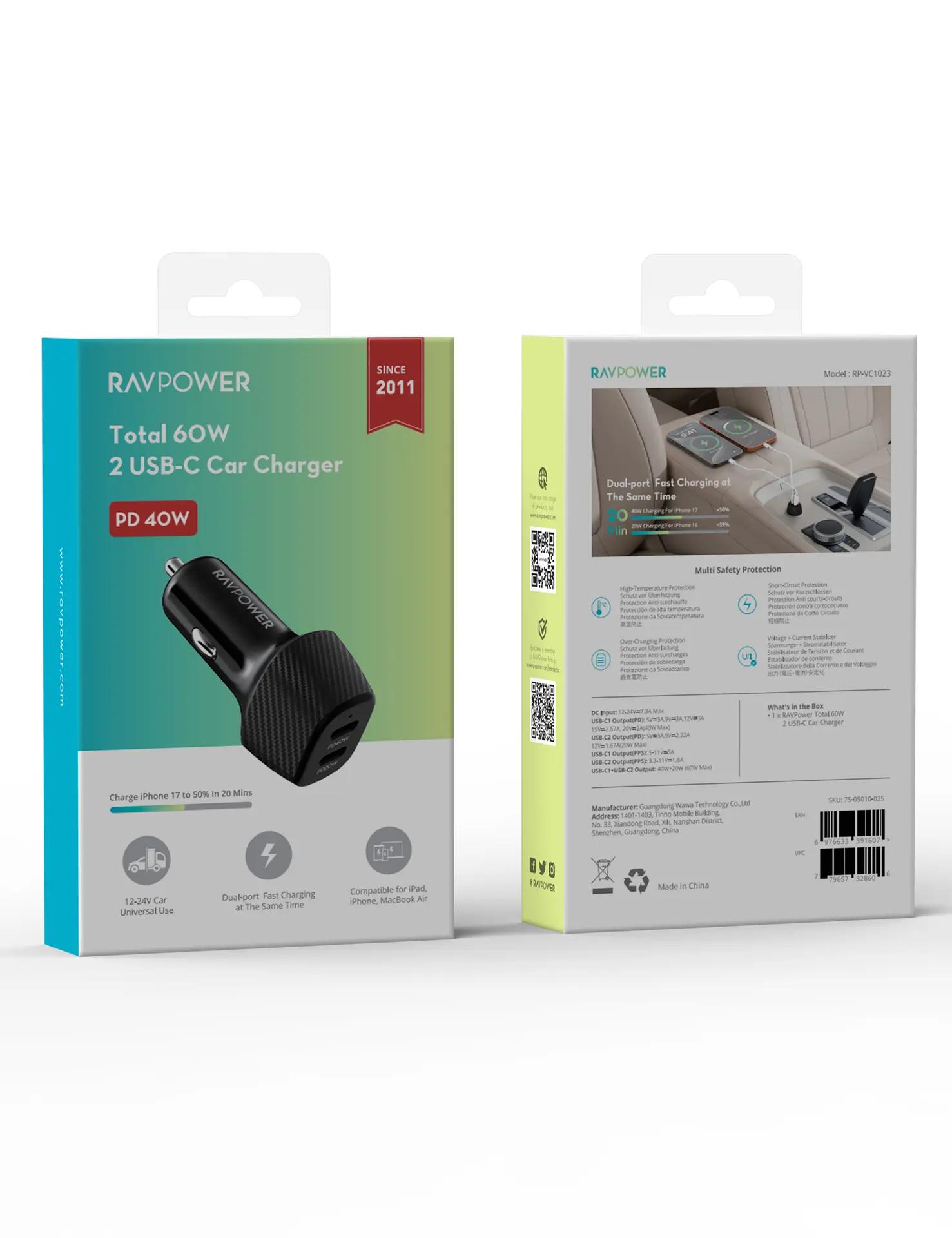 Ravpower 60w Car Charger with restractable 2 Port USB C - view 2