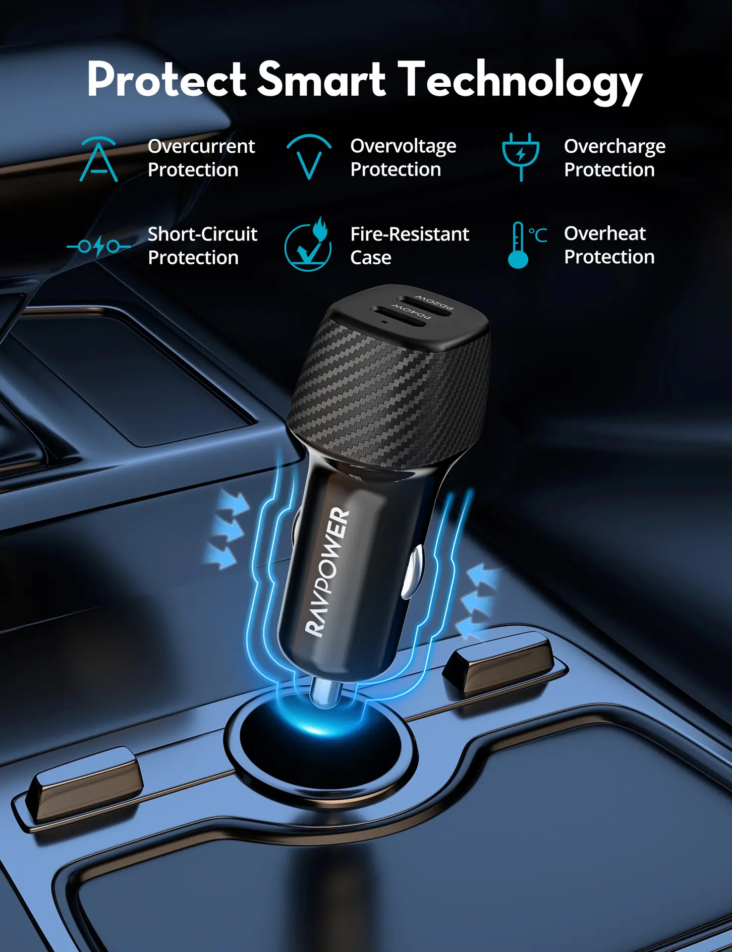 Ravpower 60w Car Charger with restractable 2 Port USB C - view 5